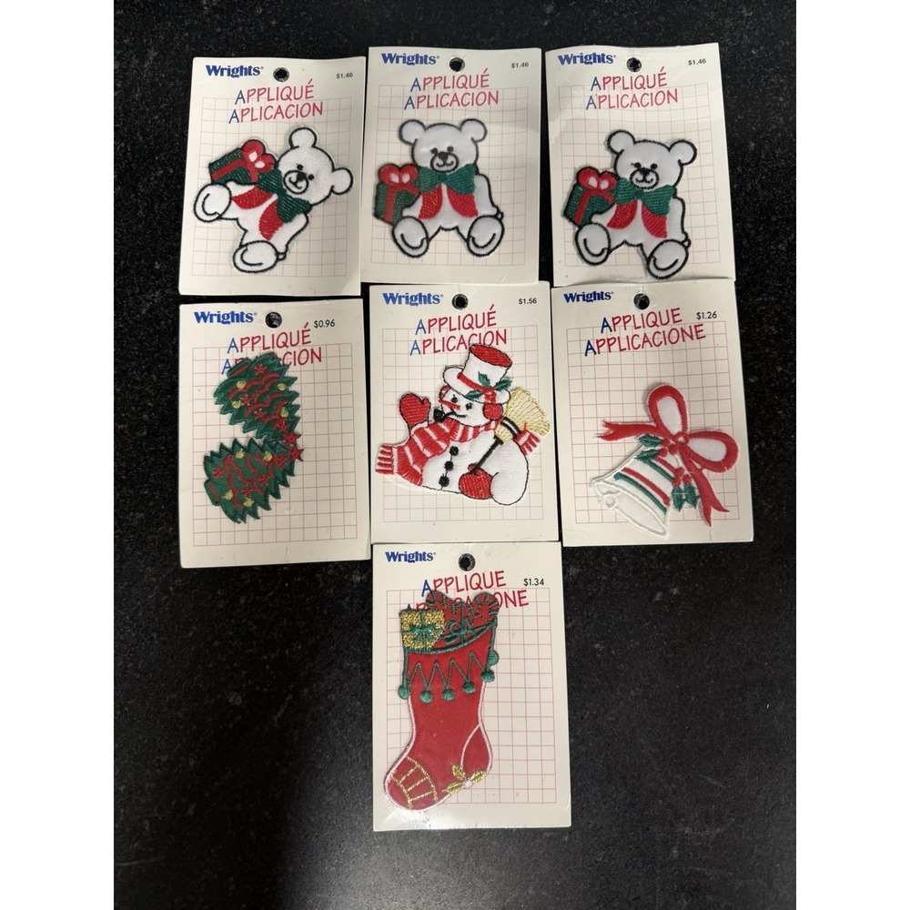Vtg Wrights Christmas Applique Lot Of 7‎ Teddy Bears Snowman Stocking Bell NOS